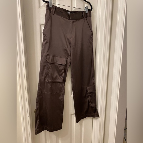 Zara Satin Effect Multi Pocket Cargo Pants - Eggplant - Picture 4 of 12